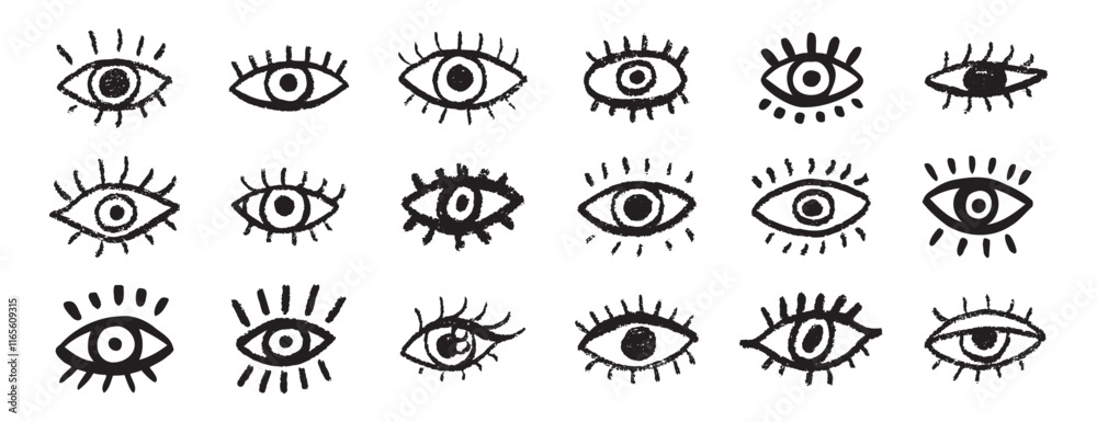 Grunge eyes hand drawn doodle icon set. Open black eyes with bold line. Monochrome eye element