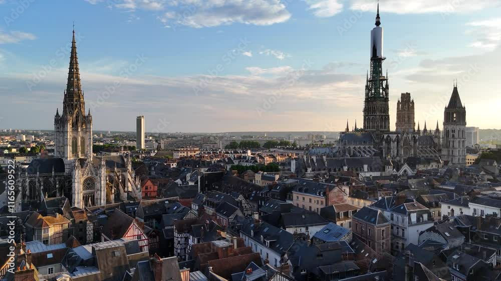Bird's-eye view of Rouen Cathedral and St. Maclou Church in Rouen, France Bird's-eye view of Rouen Cathedral and St. Maclou Church in Rouen, France
