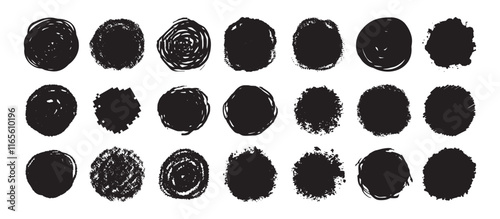 Round grunge scratch and textured ink brush strokes set. isolated vector black Collection. Dirty expressive hand drawn inky stains and blobs
