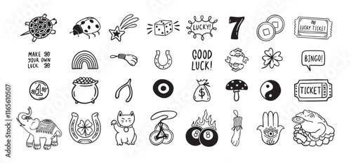 Good Luck doodle Symbols Set. Hand drawn lucky icons. Asian talismans and charms outline set.