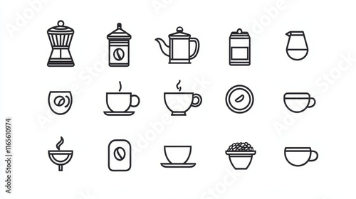 Coffee icons of vector cup and coffee makers turkish cezve and fench press. Hot espresso and creamy latte glass drinks, roasted beans, coffee mill or grinder for cappuccino or moka. Vector photo