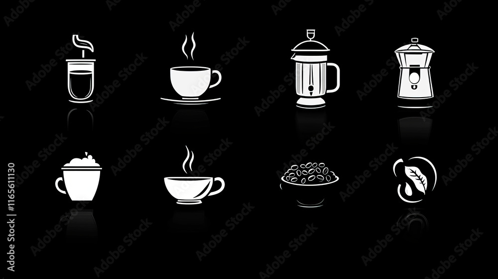 Coffee icons of vector cup and coffee makers turkish cezve and fench press. Hot espresso and creamy latte glass drinks, roasted beans, coffee mill or grinder for cappuccino or moka. Vector Coffee icons of vector cup and coffee makers turkish cezve and fench press. Hot espresso and creamy latte glass drinks, roasted beans, coffee mill or grinder for cappuccino or moka. Vector