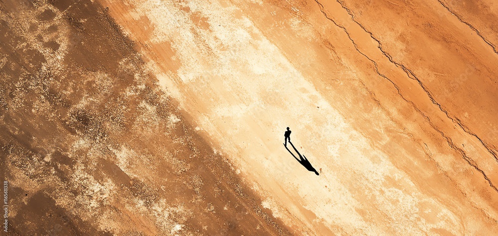 Fototapeta premium Aerial view of two figures walking on a vast, textured, ochre landscape. Striking contrast of human scale and expansive terrain.