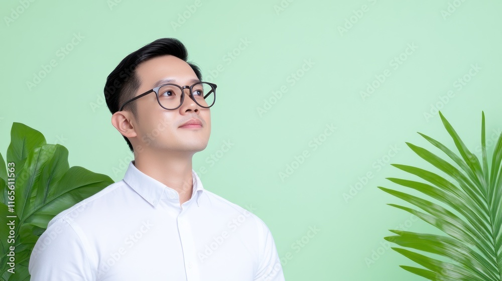 A thoughtful man gazes upward amidst green foliage. A thoughtful man gazes upward amidst green foliage.