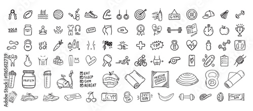 Fitness, sport and health icons doodle hand drawn set. Healthy lifestyle isolated symbols