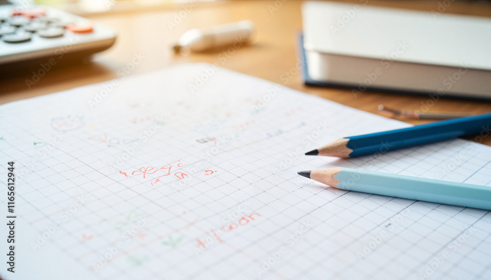 Study materials on graph paper with pencils and calculator, learning concepts Study materials on graph paper with pencils and calculator, learning concepts