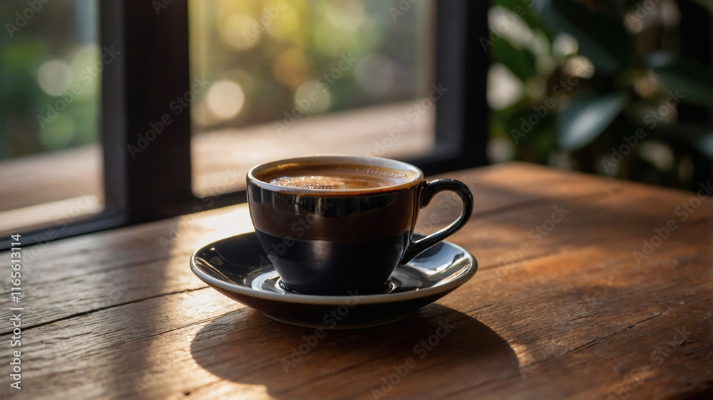 Obraz premium A cup of coffee on wood by a sunlit window is perfect for cozy café promotions, coffee blogs, or social media posts.