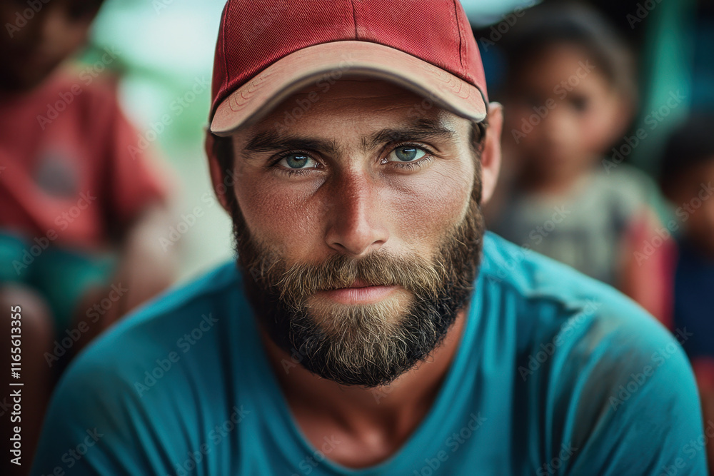 An American man with a well-groomed beard and striking blue eyes sits in a rural environment, wearing a red cap and turquoise shirt. An American man with a well-groomed beard and striking blue eyes sits in a rural environment, wearing a red cap and turquoise shirt.