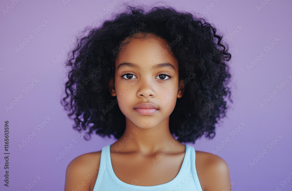 A young African American girl with beautiful curly hair stands confidently in front of a vibrant purple wall, showcasing her natural beauty and calm expression in a bright environment. A young African American girl with beautiful curly hair stands confidently in front of a vibrant purple wall, showcasing her natural beauty and calm expression in a bright environment.