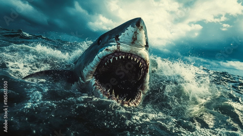 A ferocious great white shark with jaws wide open, leaping from turbulent ocean waters under a stormy, dramatic sky