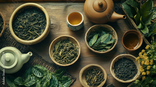 Green herbal tea icons with teapots and cups with leaves in shades of green