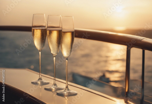 Elegance of champagne glasses glistening in fading light over deck of luxury cruise ship as sun bega photo