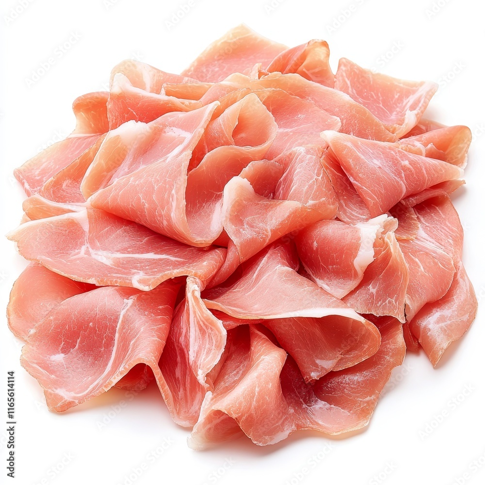 Prosciutto Isolated on White Background: Gourmet Cuisine, Italian Delicacy, Culinary Art, Charcuterie Board Essentials Prosciutto Isolated on White Background: Gourmet Cuisine, Italian Delicacy, Culinary Art, Charcuterie Board Essentials