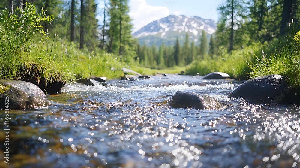 Fototapeta premium Clear stream flowing over rocks in a mountain valley.