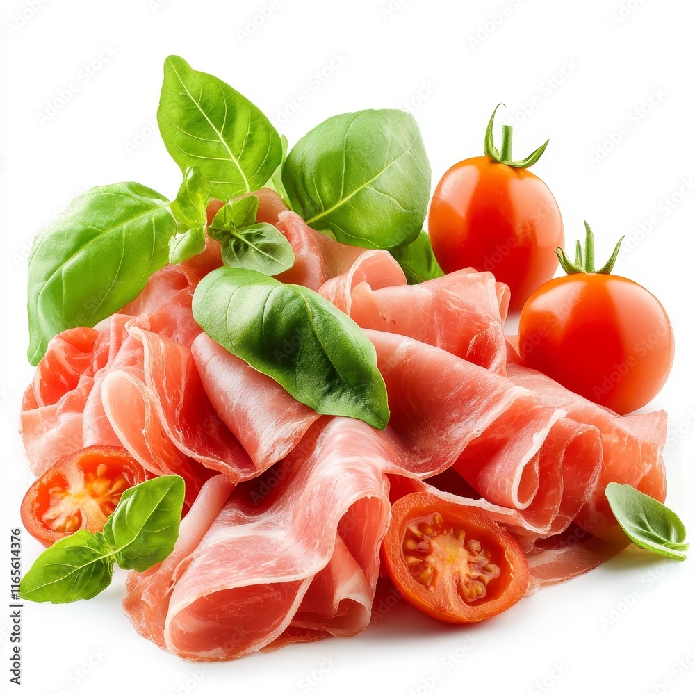 Prosciutto Isolated on White Background: Gourmet Cuisine, Italian Delicacy, Culinary Art, Charcuterie Board Essentials Prosciutto Isolated on White Background: Gourmet Cuisine, Italian Delicacy, Culinary Art, Charcuterie Board Essentials