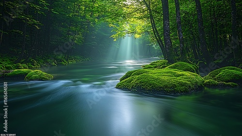 Serene forest river scene with sunbeams illuminating mossy rocks and calm water. photo