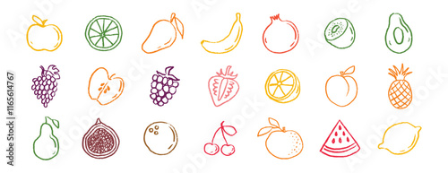 Fruit icons chalk hand drawn doodle set. Drawing crayon fruit