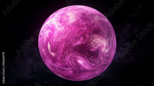 Space planet with air vortices, vector galaxy fantasy globe with swirls in atmosphere. Glowing pink sphere with whirls, isolated ui game object, comet, meteor in universe. Fantastic object in cosmos