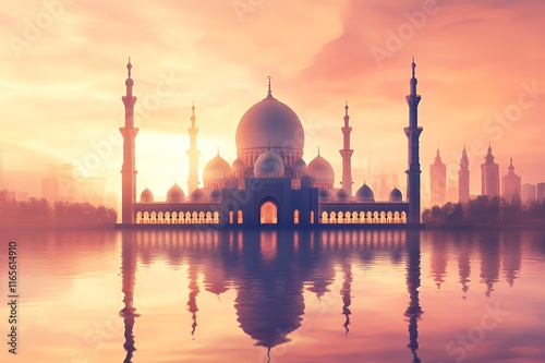 Majestic Mosque Reflecting At Sunset City Skyline photo