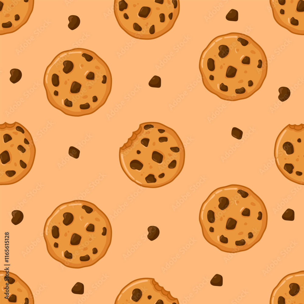 Chocolate Chip Cookie Pattern Design. A delightful seamless pattern featuring chocolate chip cookies, perfect for baking-themed designs, packaging, or culinary products. Chocolate Chip Cookie Pattern Design. A delightful seamless pattern featuring chocolate chip cookies, perfect for baking-themed designs, packaging, or culinary products.
