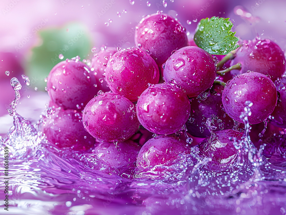 A vibrant bunch of purple grapes splashing into water, surrounded by droplets and a refreshing, colorful background A vibrant bunch of purple grapes splashing into water, surrounded by droplets and a refreshing, colorful background