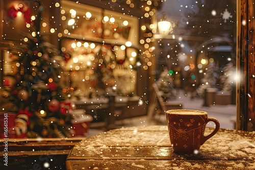 Cozy coffee shop with Christmas decor, warm coffee cup in a festive mug, holiday lights, snow falling outside  photo