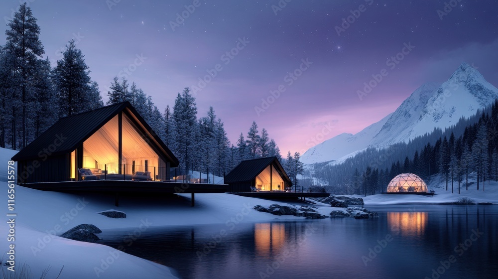 Fototapeta premium Cozy cabins by a serene lake in a snowy mountain landscape.