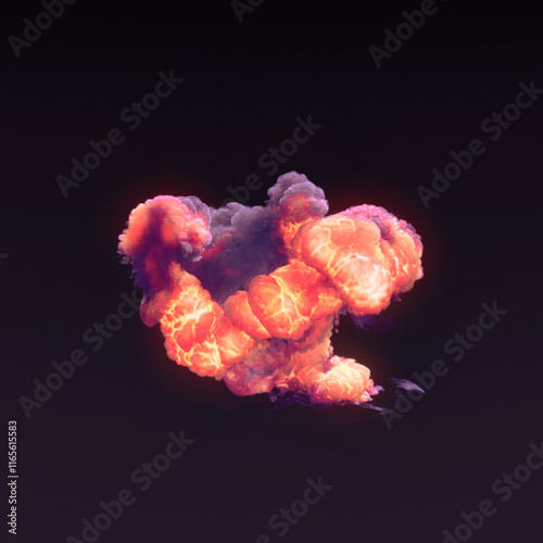 Abstract chemical explosion with bright pink toxic flames and dark thick purple smoke. 3d rendering digital illustration