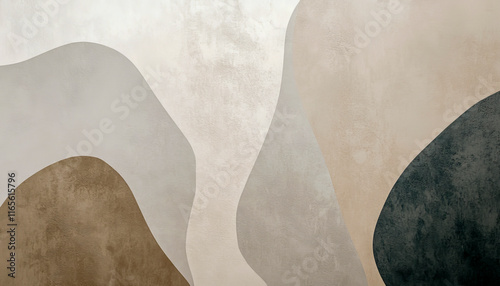 Abstract composition featuring soft, overlapping shapes in neutral tones of beige, white, brown, and gray with a minimalist style