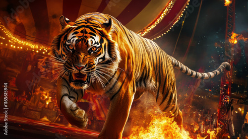 Circus funfair carnival retro posters, magic show and animals entertainment festival, vector. Vintage big top shapito circus with tiger in fire ring, strongman with illusionist on circus stage photo