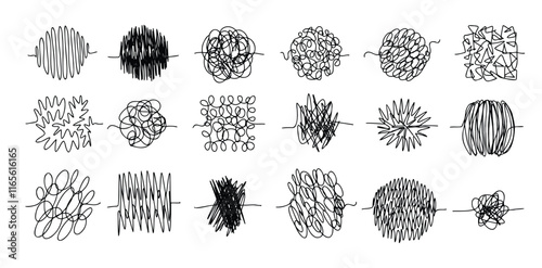 Chaos lines doodle set. Hand drawn tangled clew. Insane scribble lines. confused doodle scribbles.