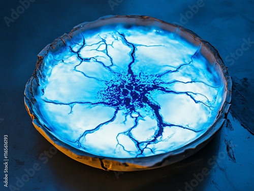 Stunning blue resin art plate. Unique handcrafted serving dish with a mesmerizing lightning bolt design. Perfect for home decor or gifting. photo