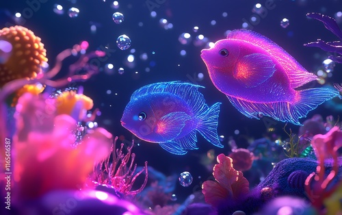 Close-up shot of a vibrant underwater realm, glowing fish blend with mythical creatures, sparkling bubbles enchant the scene photo