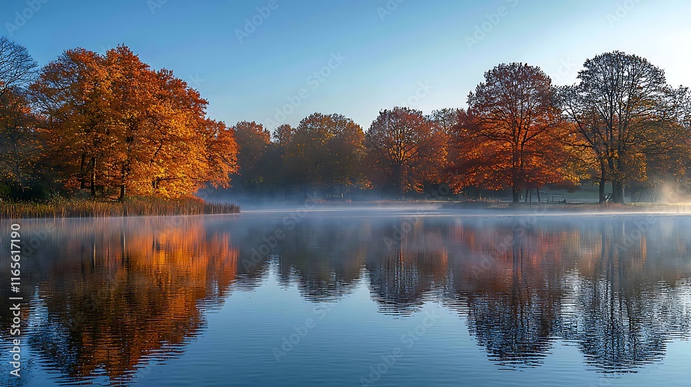 Serene autumn sunrise over a misty lake, reflecting vibrant red and orange trees. Serene autumn sunrise over a misty lake, reflecting vibrant red and orange trees.