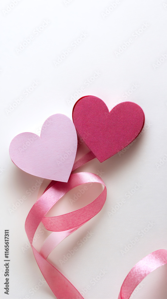 Fototapeta premium Pink ribbon connecting handmade paper hearts, representing romantic Valentine's Day sentiment and emotional connection