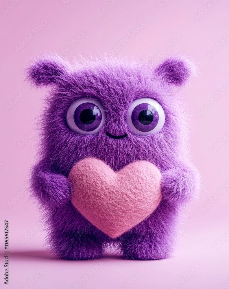 Fototapeta premium Adorable purple fluffy monster with big eyes holding a pink heart, set against a soft pink background. Perfect for Valentine's themes