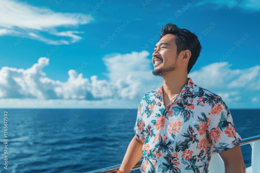 Man Smiling on a Boat Against a Bright Blue Sky and Ocean Man Smiling on a Boat Against a Bright Blue Sky and Ocean