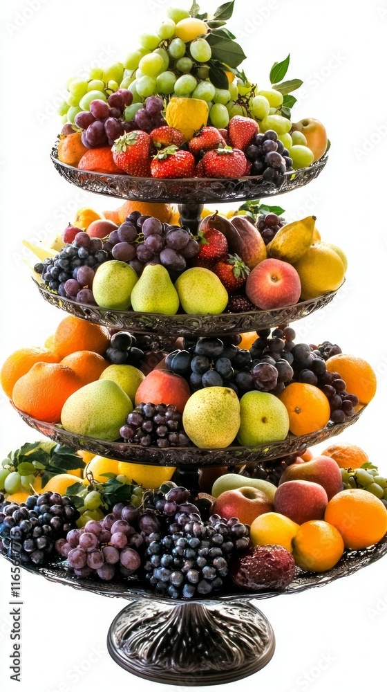 A Colorful Fruit Display on a Multi-Tiered Stand: A Feast for the Eyes and a Delight for the Palate A Colorful Fruit Display on a Multi-Tiered Stand: A Feast for the Eyes and a Delight for the Palate