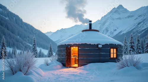 Cozy yurt nestled in a snowy mountain valley. The warm glow from inside contrasts beautifully with the cold winter landscape.