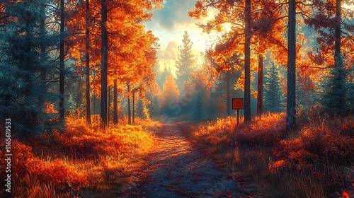 Sunlit autumn path through vibrant forest with colorful foliage and mist.
