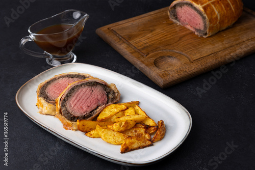 Beef Wellington with baked potato slice and demi-glace sauce. Traditional festive dish of beef tenderloin with mushrooms and Parma ham baked in puff pastry. Selective focus, close-up. photo