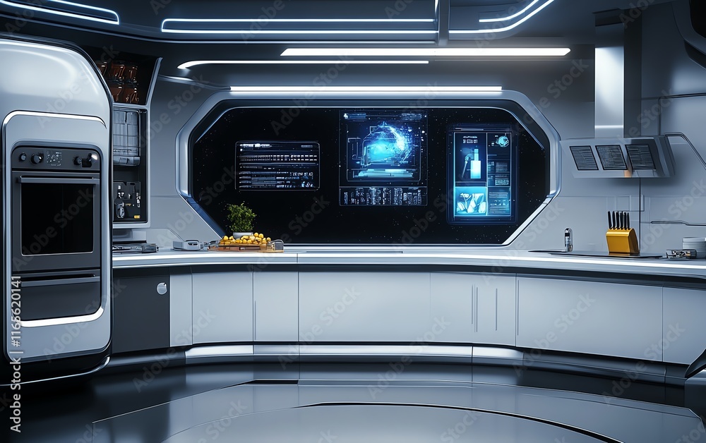 Obraz premium Futuristic kitchen interior with smart appliances and digital displays. Sleek design, advanced technology, modern space. Perfect for sci-fi, technology, and home concepts.