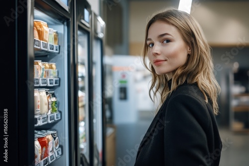 Young businesswoman selecting a beverage from a vending machine, offering a convenient and quick refreshment option during her workday