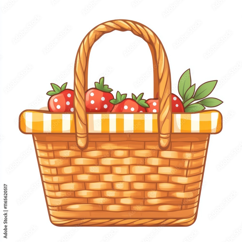 A wicker basket filled with fresh strawberries and leaves A wicker basket filled with fresh strawberries and leaves