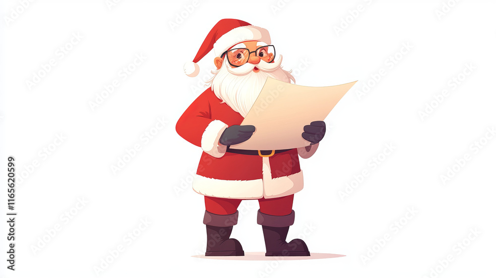 Vector Santa Claus and paper with Merry Christmas and Happy New Year wishes. Winter holiday celebration, fairy character. Elderly man in red costume and hat, beard and belt, boots and glasses Vector Santa Claus and paper with Merry Christmas and Happy New Year wishes. Winter holiday celebration, fairy character. Elderly man in red costume and hat, beard and belt, boots and glasses