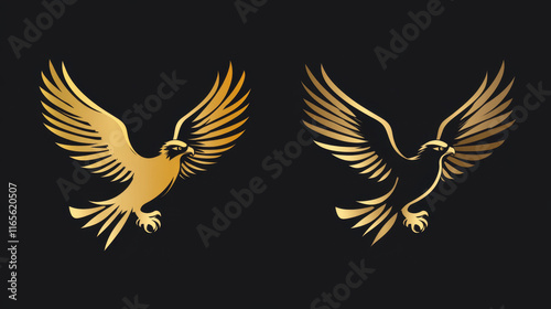 Heraldic golden eagle and hawk icons, business corporate identity signs. Vector hawk and eagle head and wings heraldry, aviation academy, fight club and soccer league, law and security brand symbol