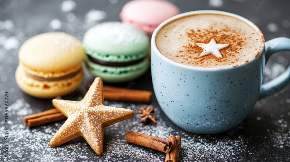 Warm Holiday Indulgence Festive Latte Art, Colorful Macarons and Cinnamon Spice Dcor. Warm Holiday Indulgence Festive Latte Art, Colorful Macarons and Cinnamon Spice Dcor.