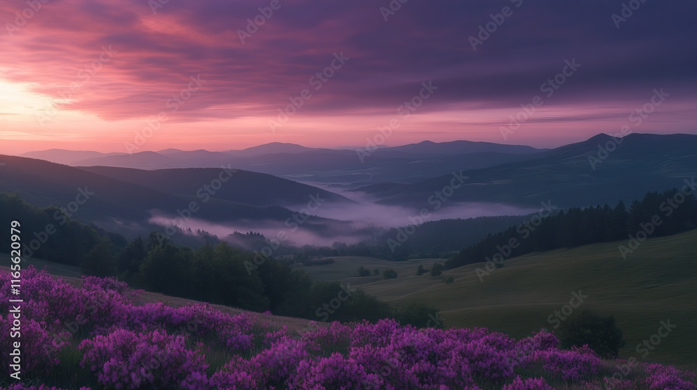 Fototapeta premium Breathtaking sunrise over Carpathian Mountains with vibrant purple and pink sky hues, endless blooming rhododendron sea on grassy hills, serene natural beauty, sunlight bathed landscape,