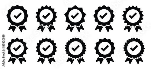 Checkmark sign. Verified badge symbol. Approval done element collection. Instagram verified badge. Social media account verification icons.	