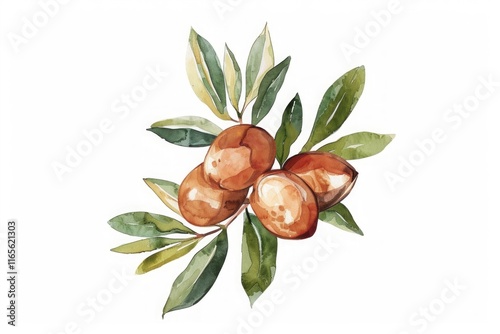 Jojoba. Ayurveda. Watercolor illustration of brown seeds with vibrant green leaves, emphasizing natural beauty and artistic elegance.
